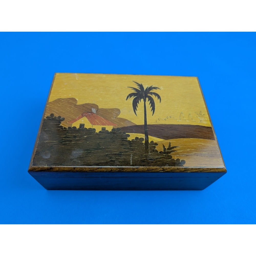 Vintage Carved Wood Inlay Folk Art Hawaiian Tropical Beach Palm Tree Trinket Box